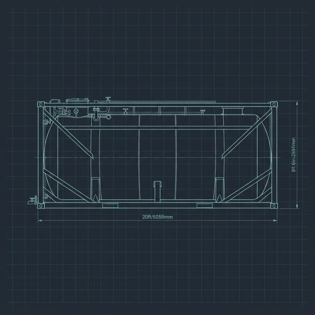 Engineering blueprint of a 20-foot ISO tank container in a steel frame, side elevation with dimension marks for length and height.