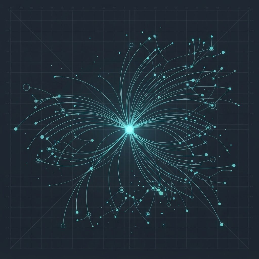 Diagram of one origin node fanning out along thin arcs to a selected set of destination nodes, illustrating routing to chosen operators.